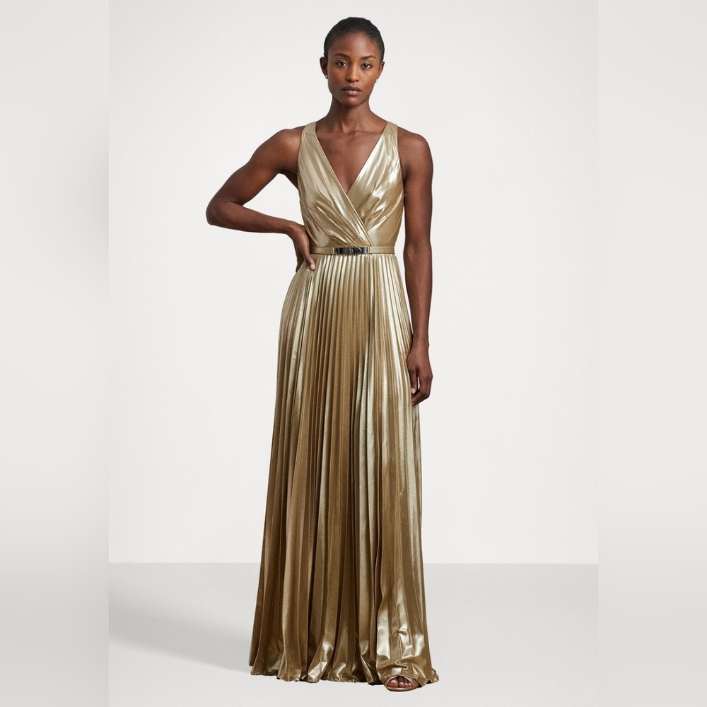 NWT Ralph Lauren Metallic Gold Pleated Chiffon Gown Size 6